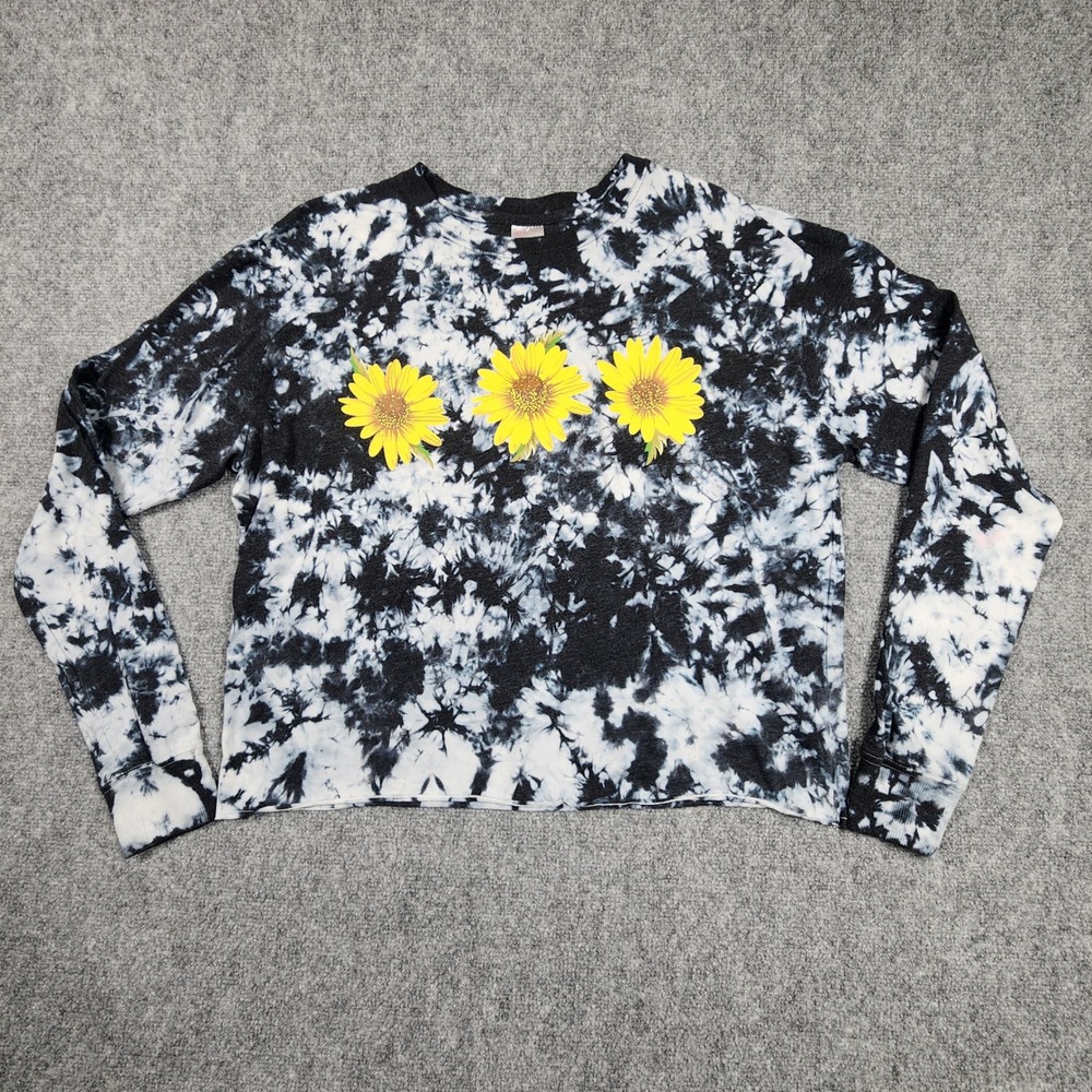 No Boundaries Black White Tie Dye Sunflower Crop Long Sleeve Top XL 15-17
